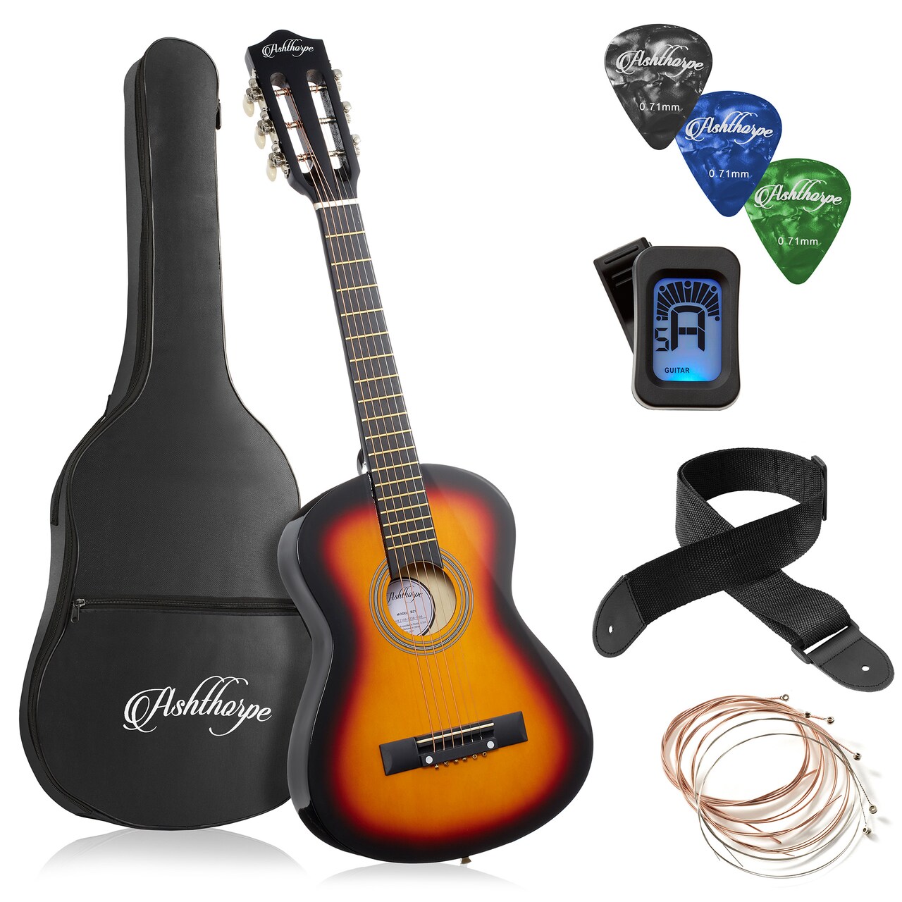 Ashthorpe Beginner Acoustic Guitar Package, Basic Starter Kit w/ Gig Bag, Strings, Strap, Tuner, Picks